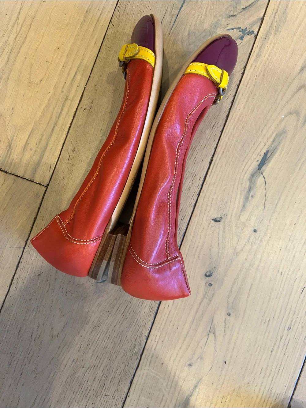 AGL Red Leather Flats with Purple Patent Toe and Yellow Strap